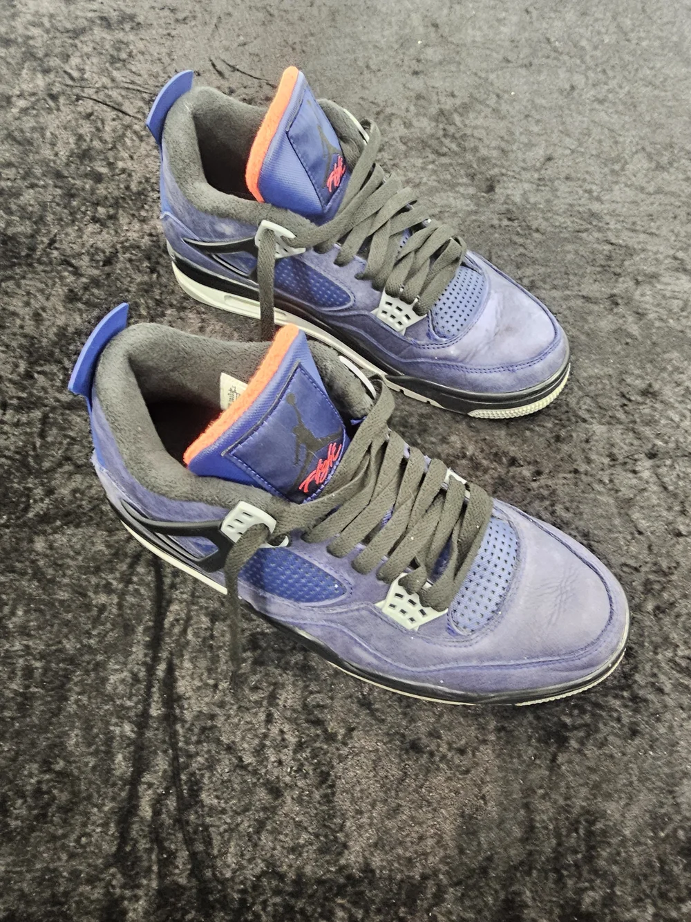 Jordan Men's Purple Suede Basketball Sneakers with Black Laces and Orange Trim - Picture 2 of 9